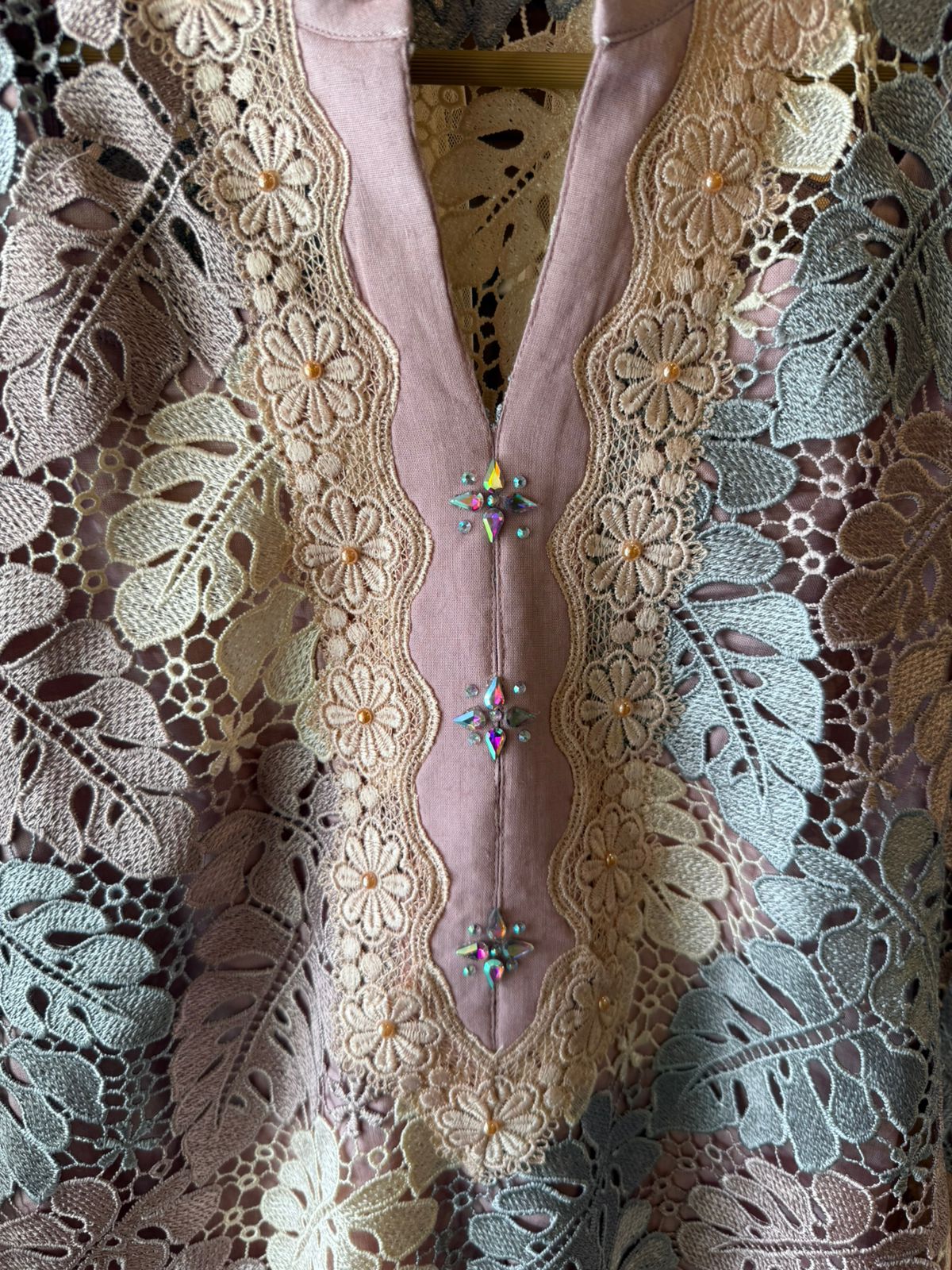 Premium pastel kurta crafted in intricate floral Crochet fabric