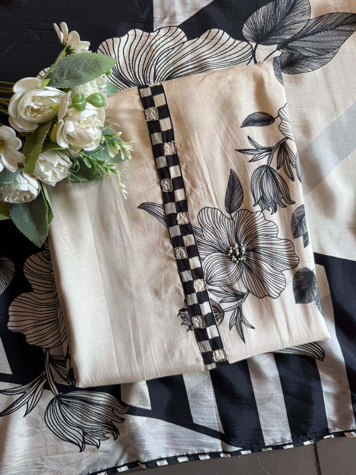 Black & Ivory Floral Digital Printed Suit