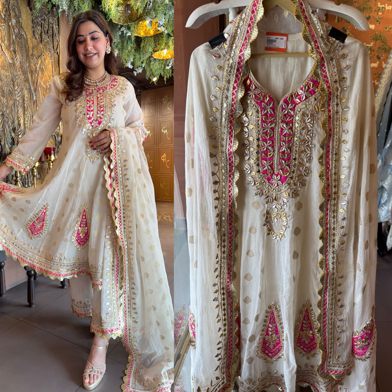 Ivory & Rani Pink Gota Patti Anarkali Suit Set