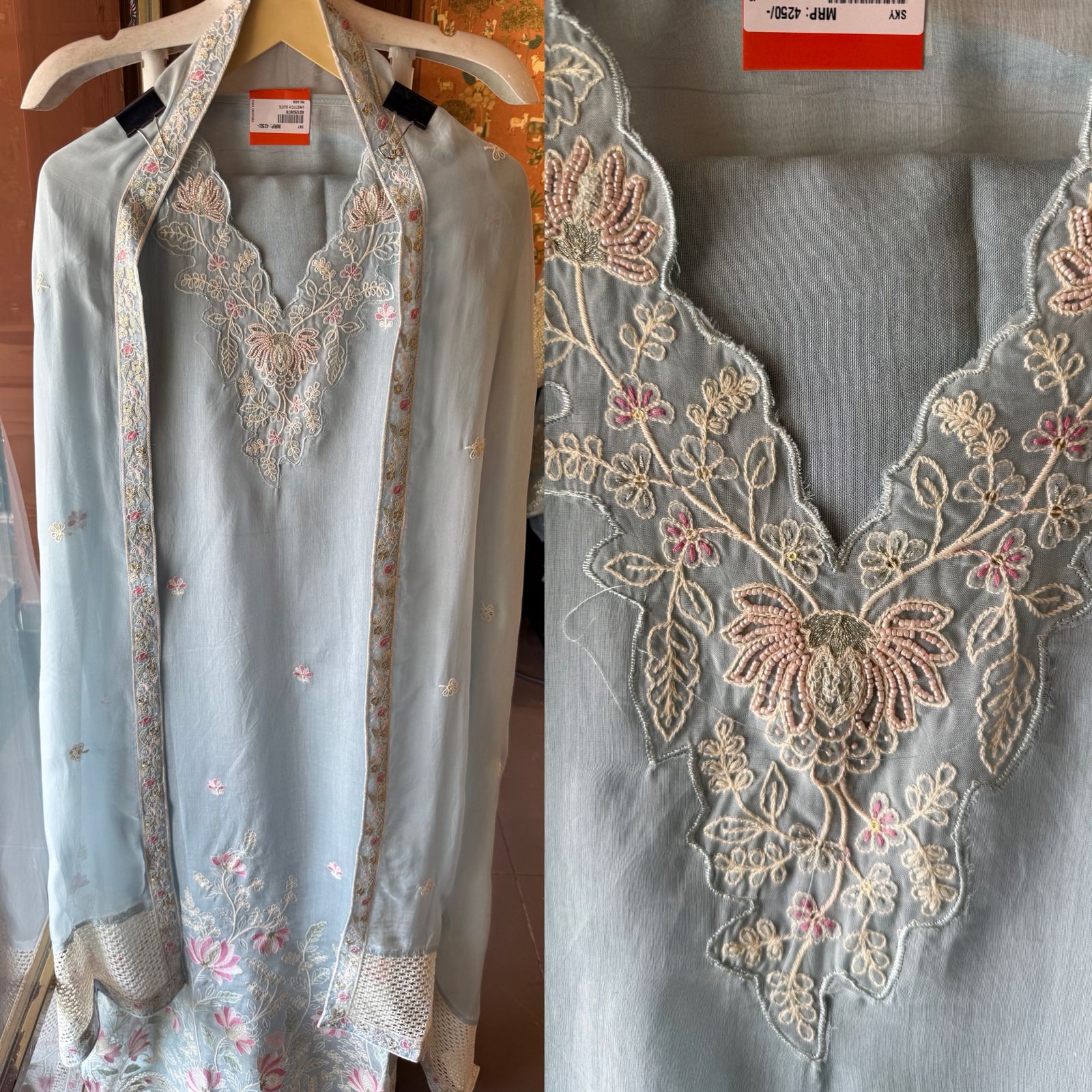 Pastel Floral Embroidered Suit Set