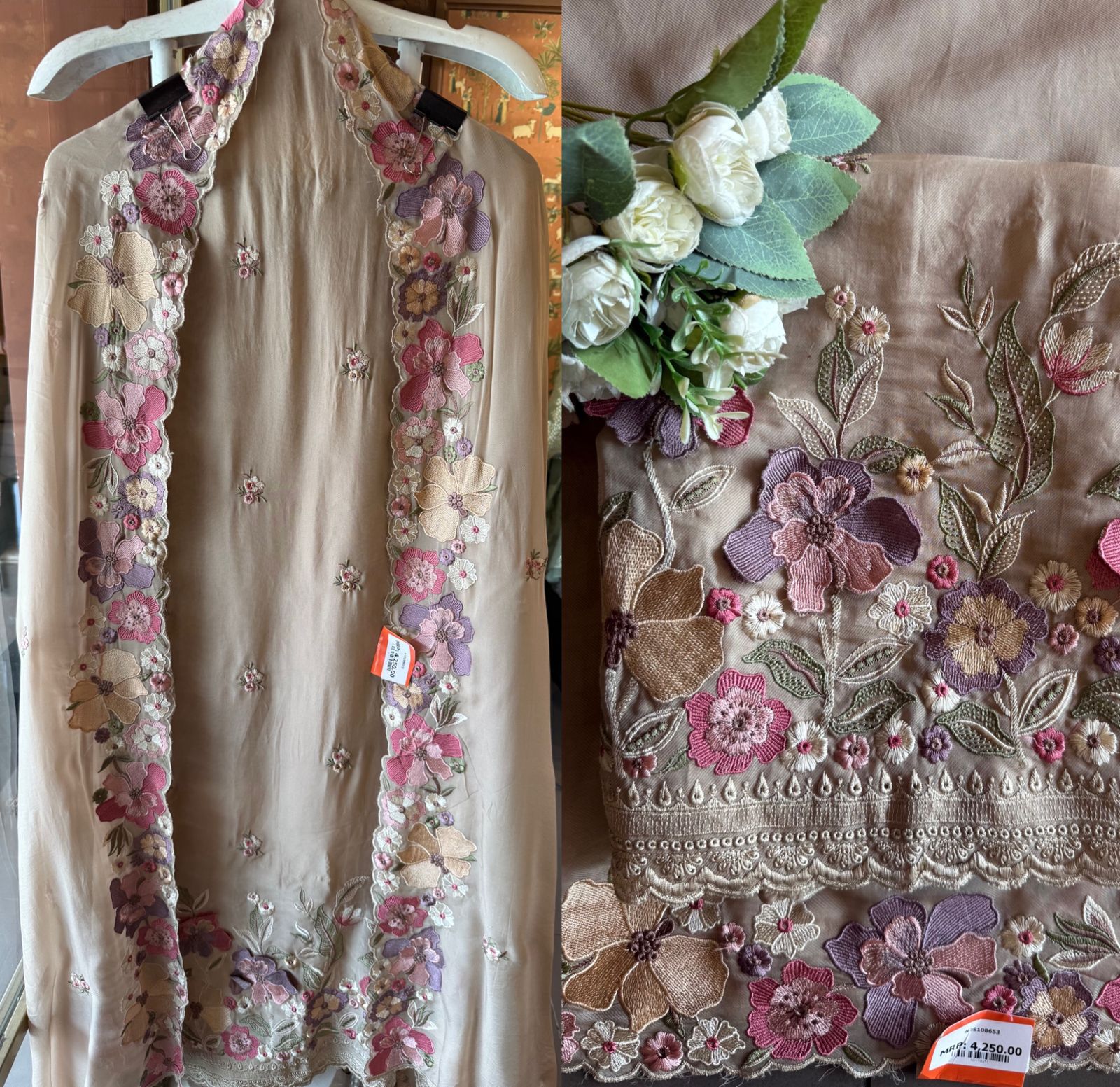 Floral embroidery in pastel hues timeless ensemble