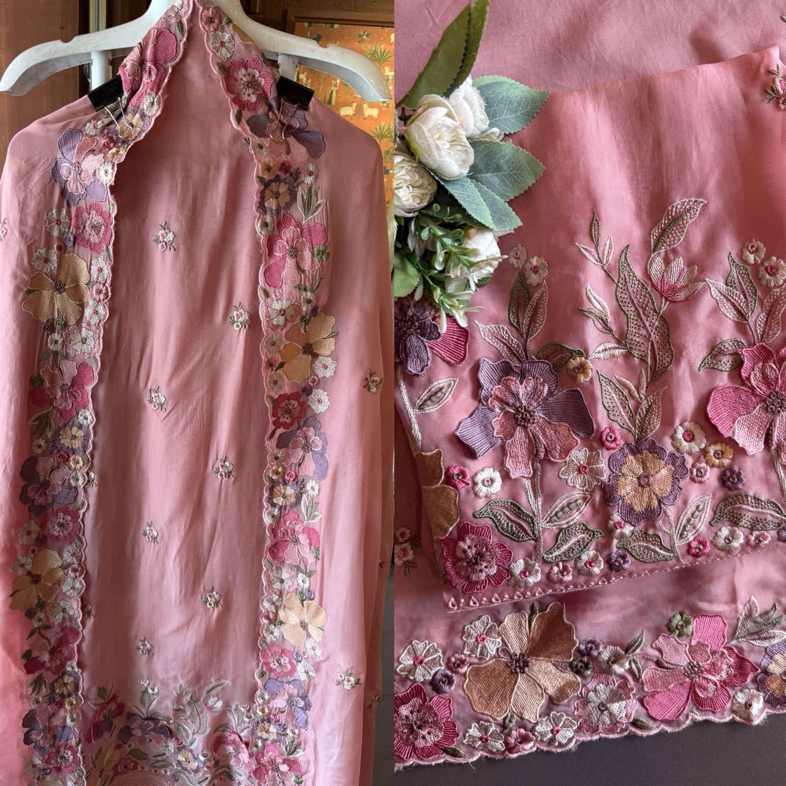 Floral embroidery in pastel hues timeless ensemble