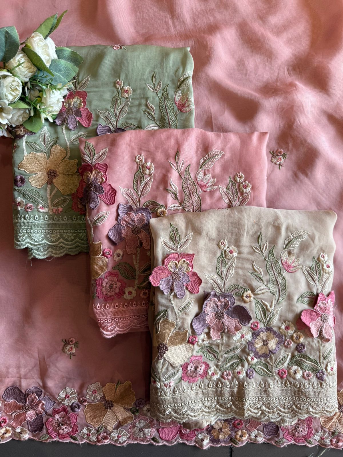 Floral embroidery in pastel hues timeless ensemble