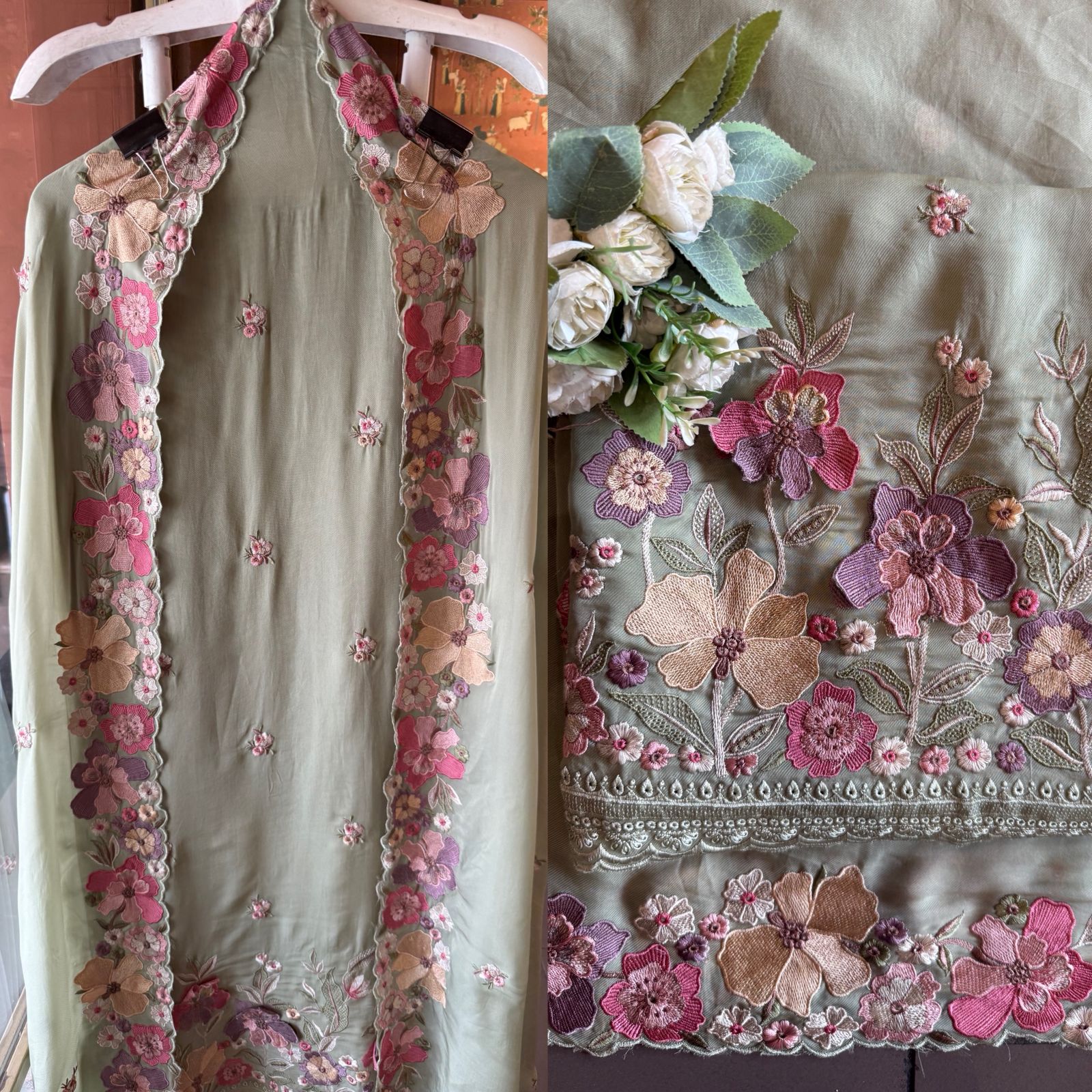 Floral embroidery in pastel hues timeless ensemble