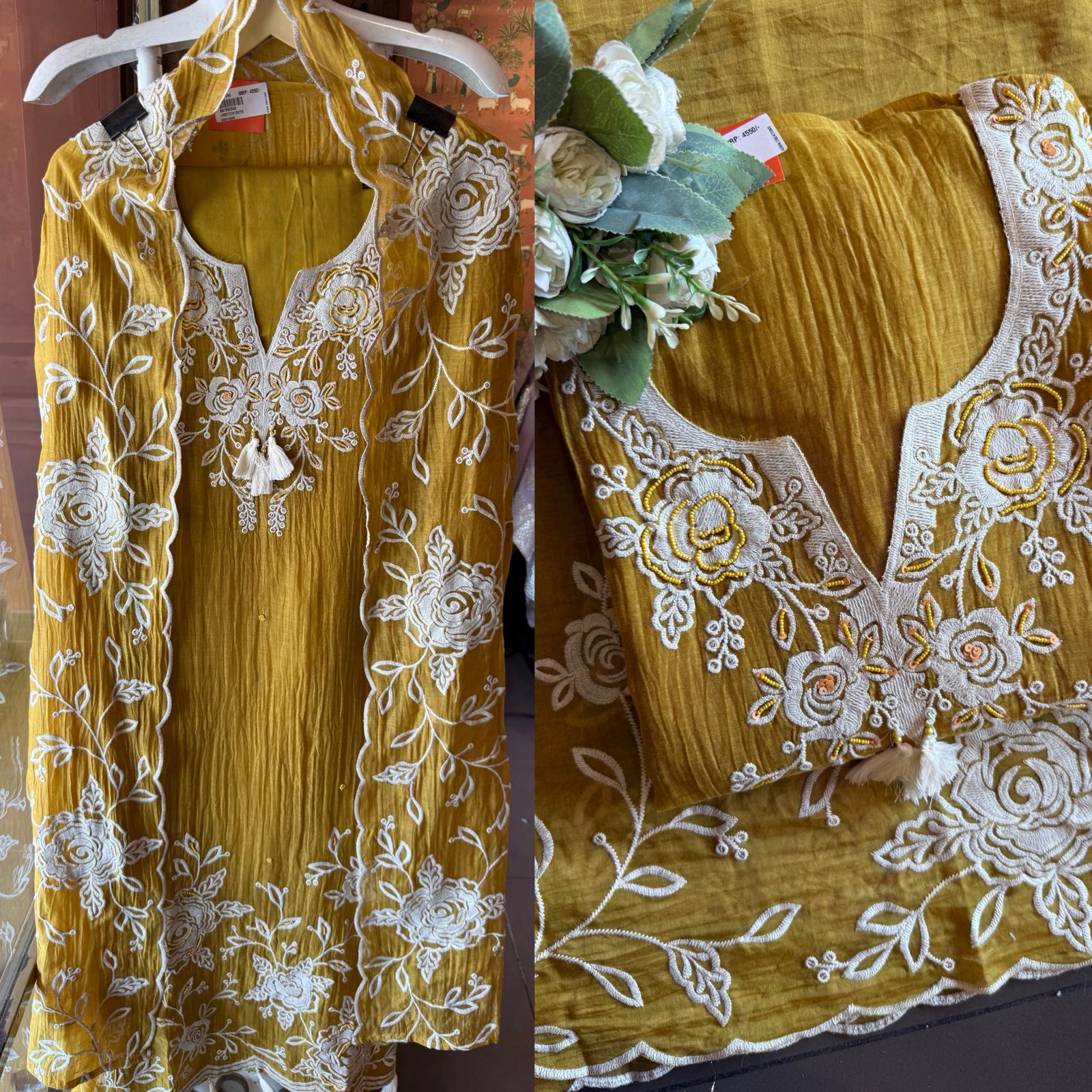 Mustard Floral Embroidered Suit Set with Dupatta