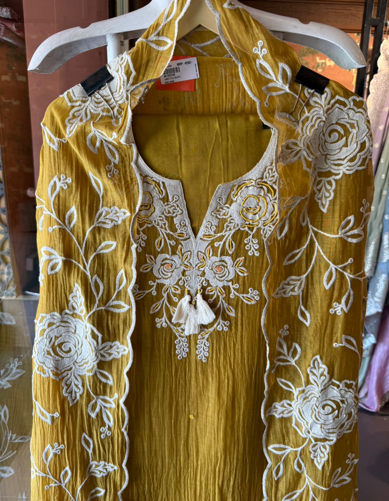 Mustard Floral Embroidered Suit Set with Dupatta