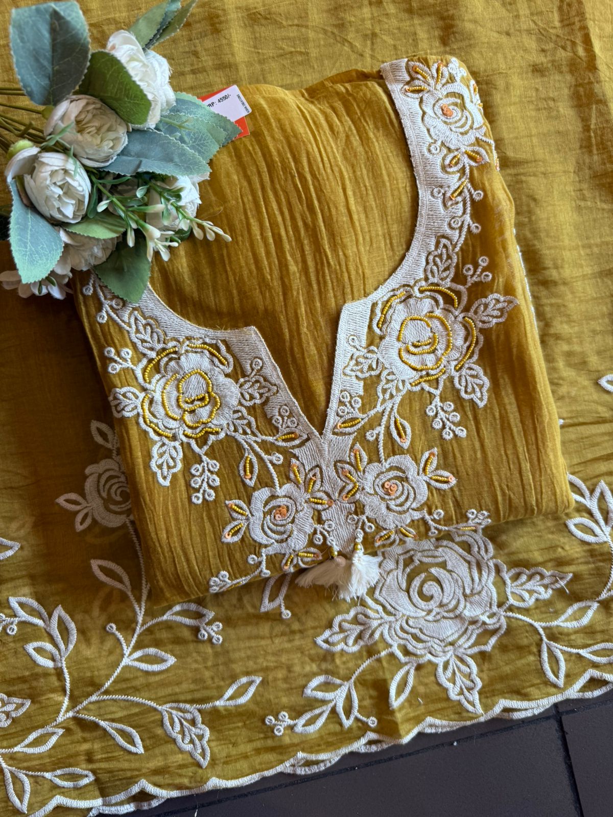 Mustard Floral Embroidered Suit Set with Dupatta