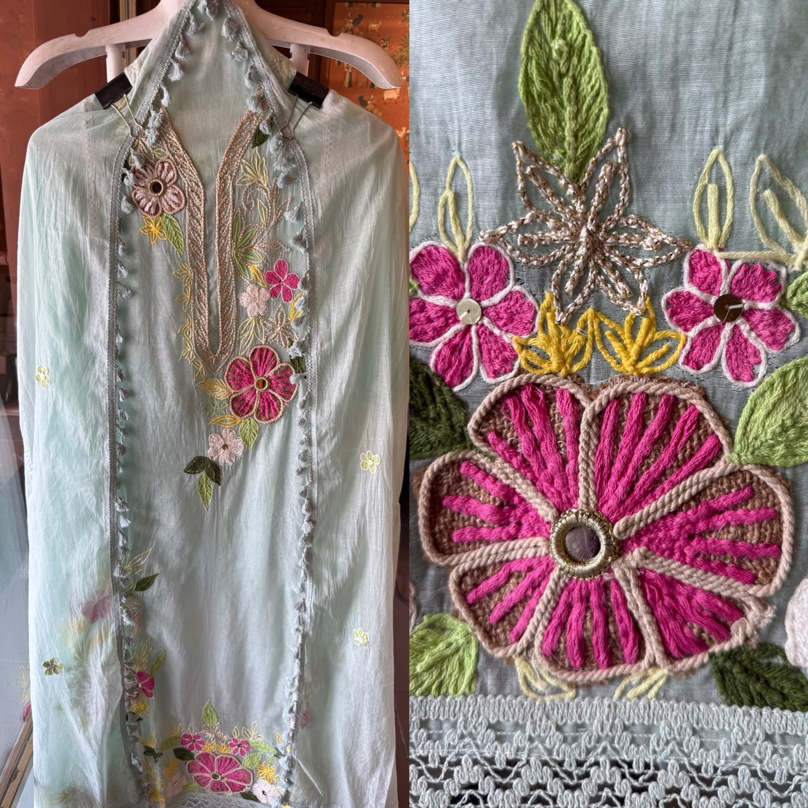Multi coloured floral embroidery feminine Suit set