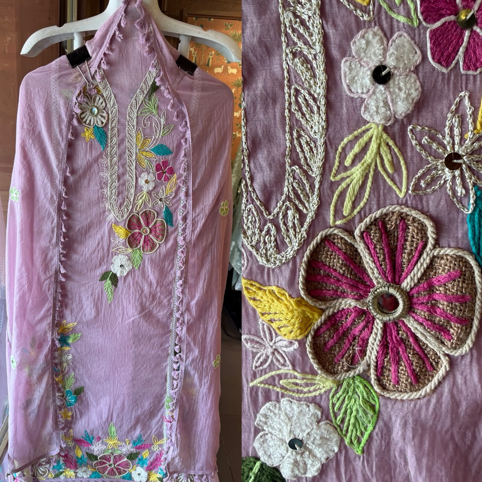 Multi coloured floral embroidery feminine Suit set