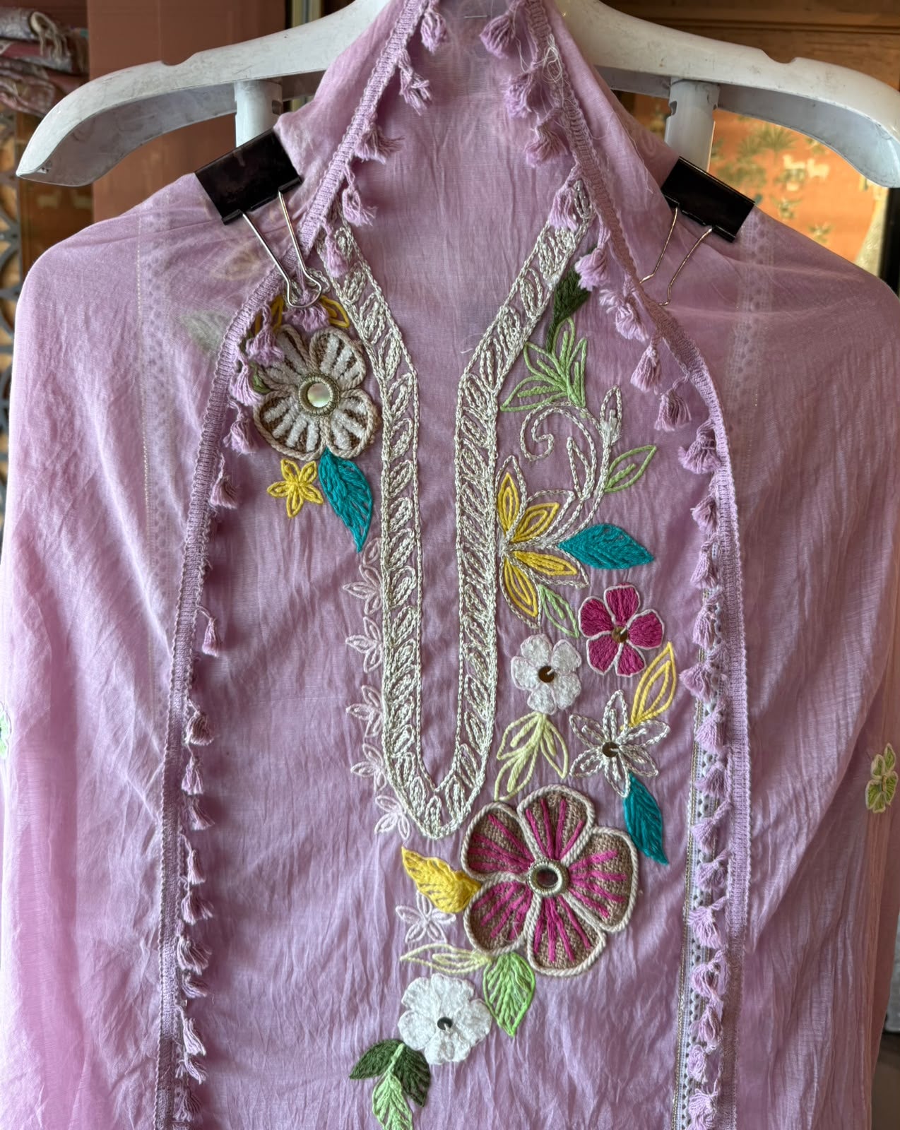 Multi coloured floral embroidery feminine Suit set
