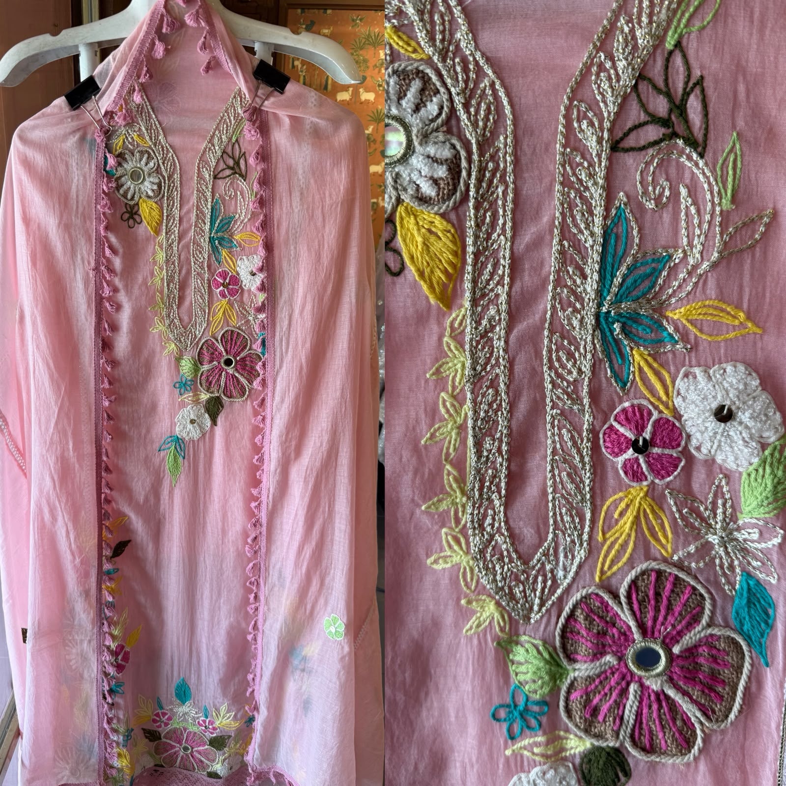 Multi coloured floral embroidery feminine Suit set