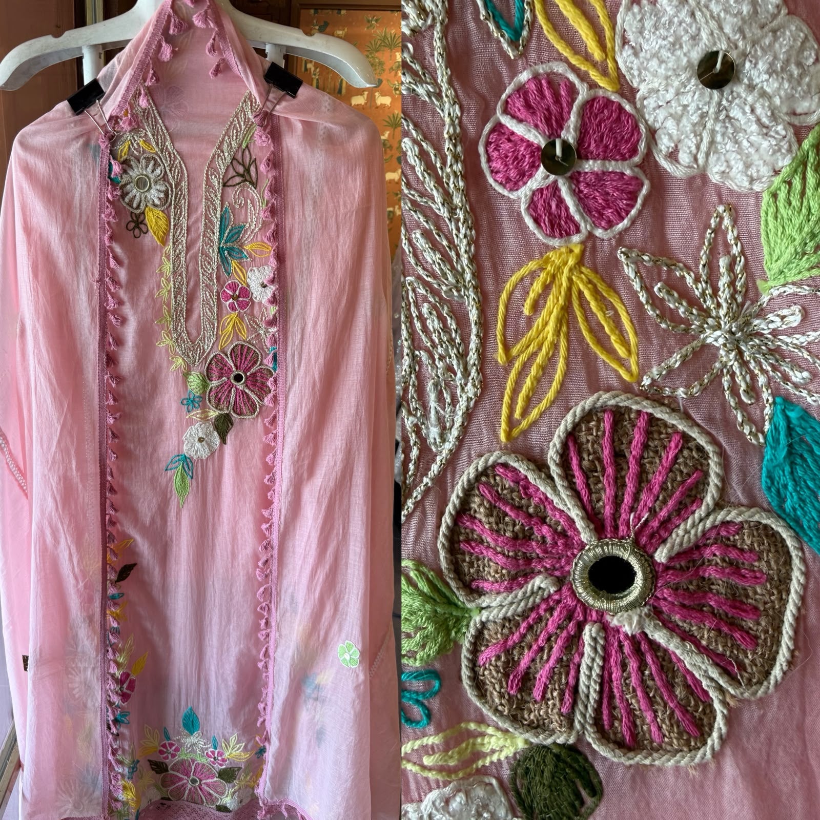 Multi coloured floral embroidery feminine Suit set