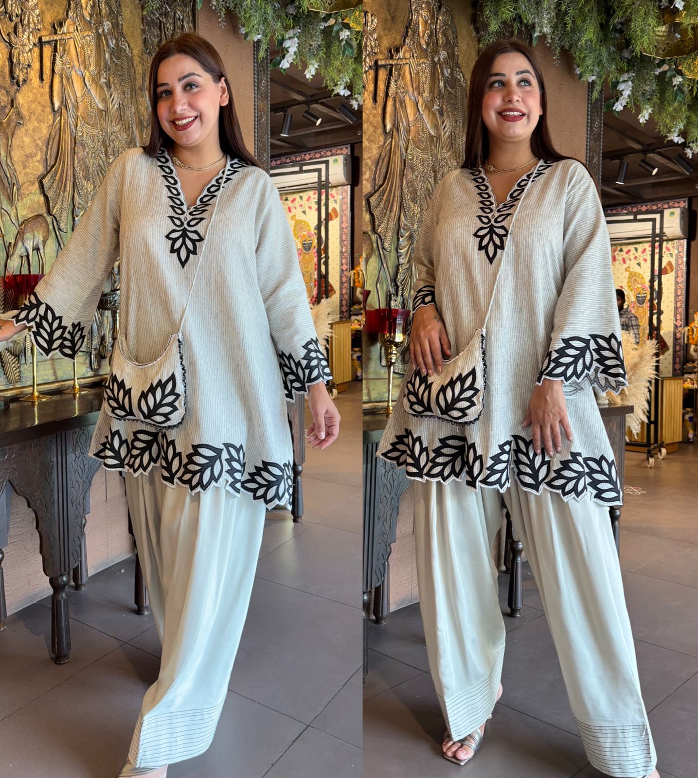 Two-piece co-ord set with matching sling bag