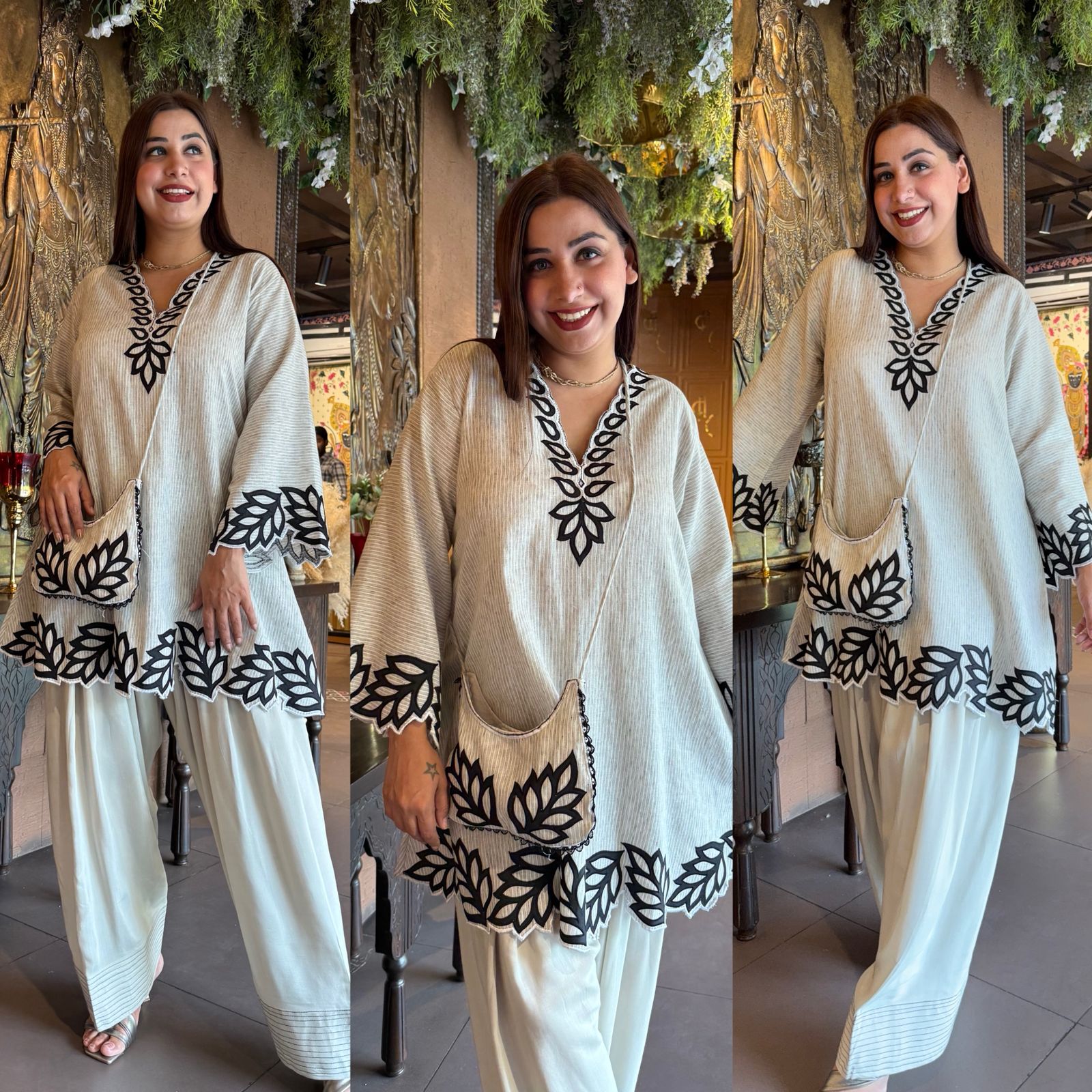 Two-piece co-ord set with matching sling bag