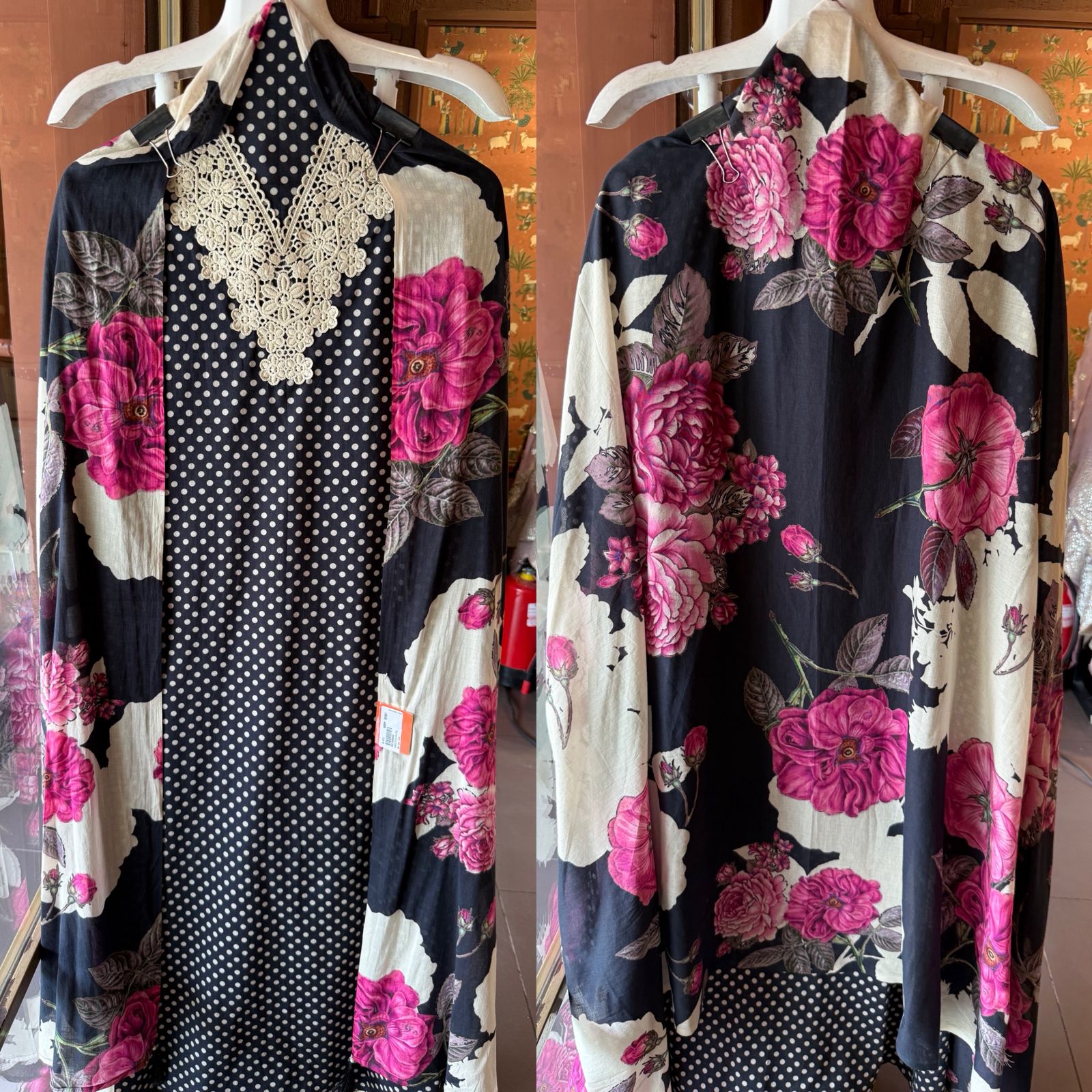 Polka Dots Suit set with floral Printed Dupatta