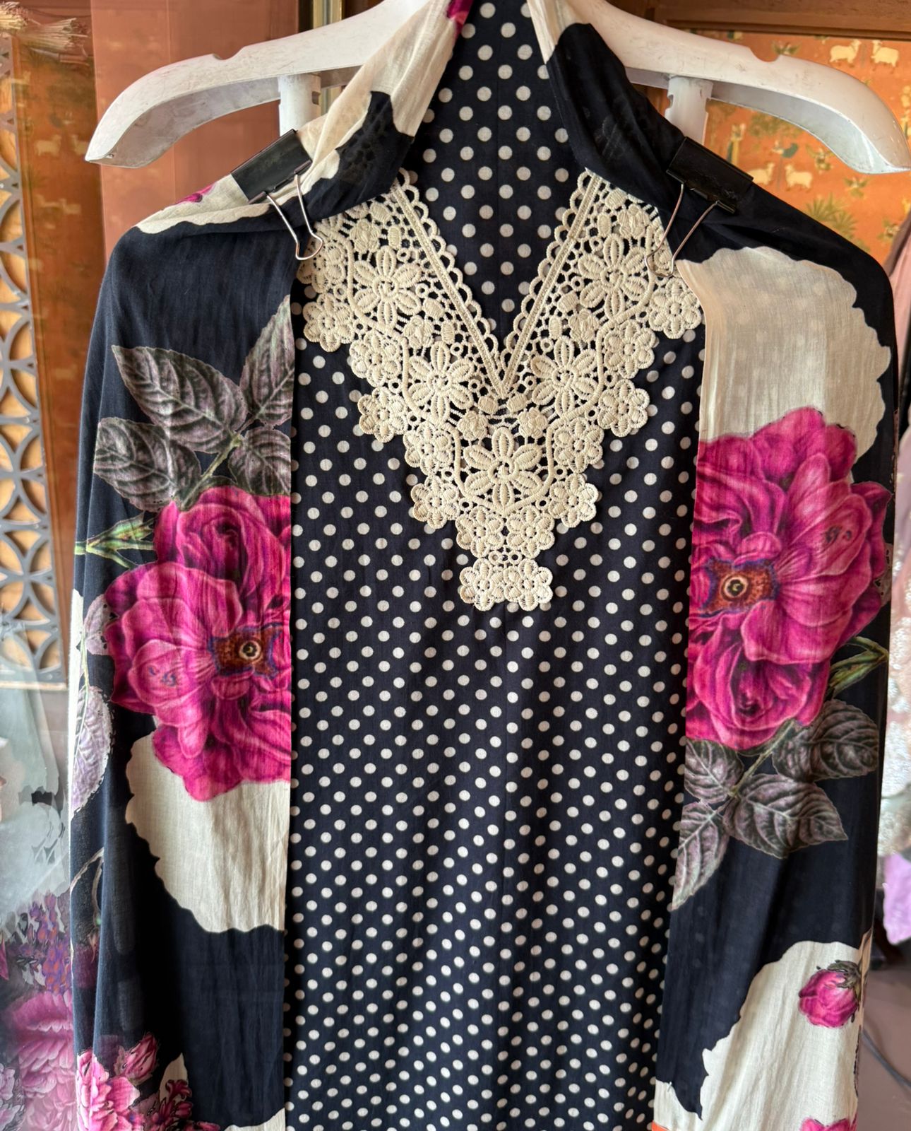 Polka Dots Suit set with floral Printed Dupatta