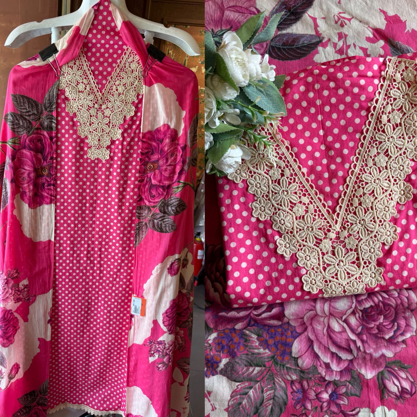 Polka Dots Suit set with floral Printed Dupatta