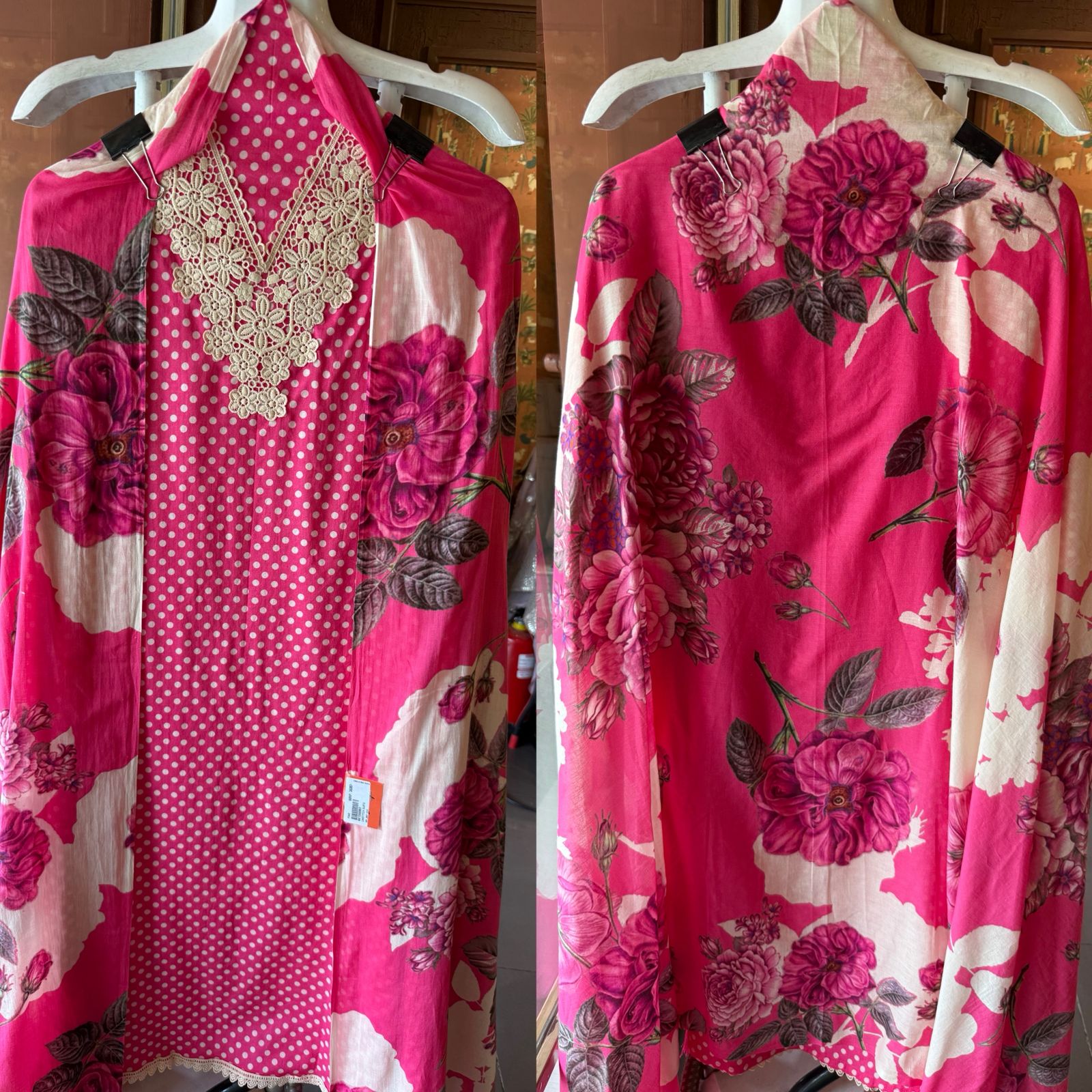 Polka Dots Suit set with floral Printed Dupatta