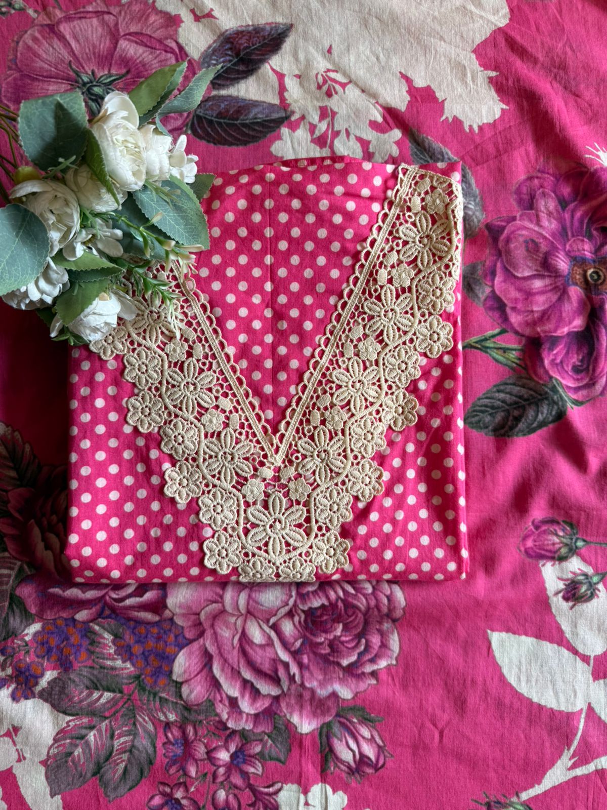 Polka Dots Suit set with floral Printed Dupatta