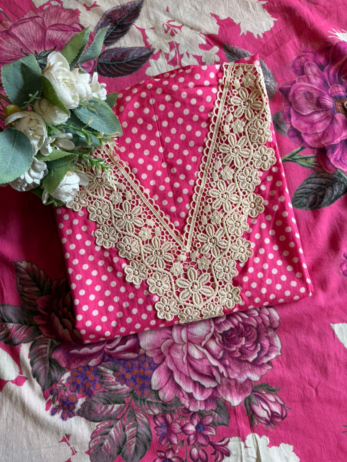Polka Dots Suit set with floral Printed Dupatta