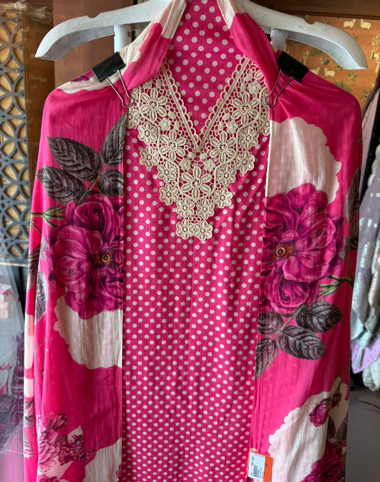 Polka Dots Suit set with floral Printed Dupatta
