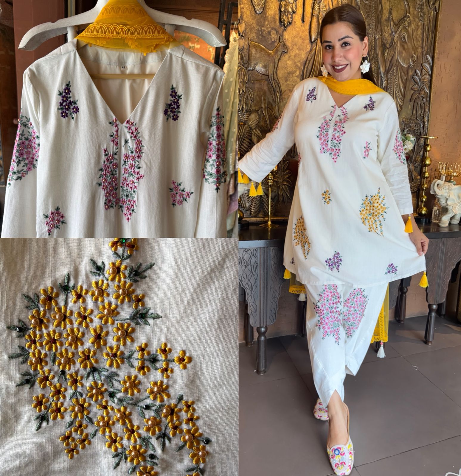 Multi coloured Floral Embroidered White Kurta Set