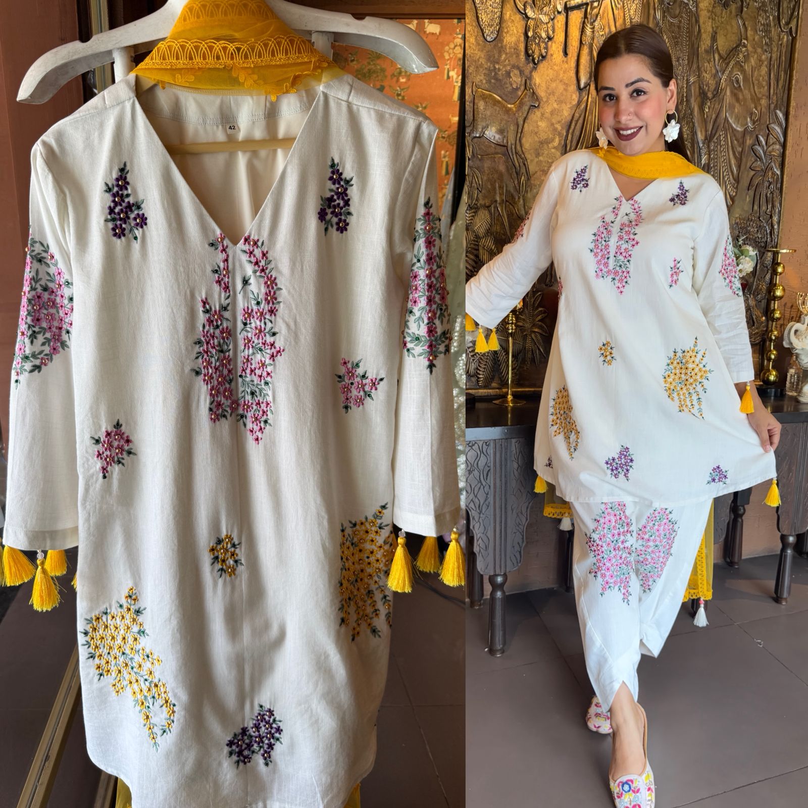Multi coloured Floral Embroidered White Kurta Set