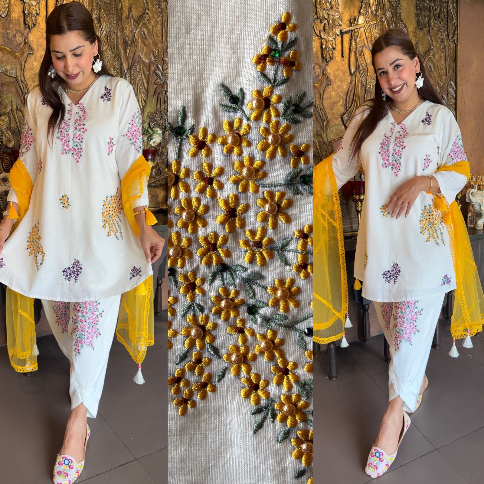 Multi coloured Floral Embroidered White Kurta Set