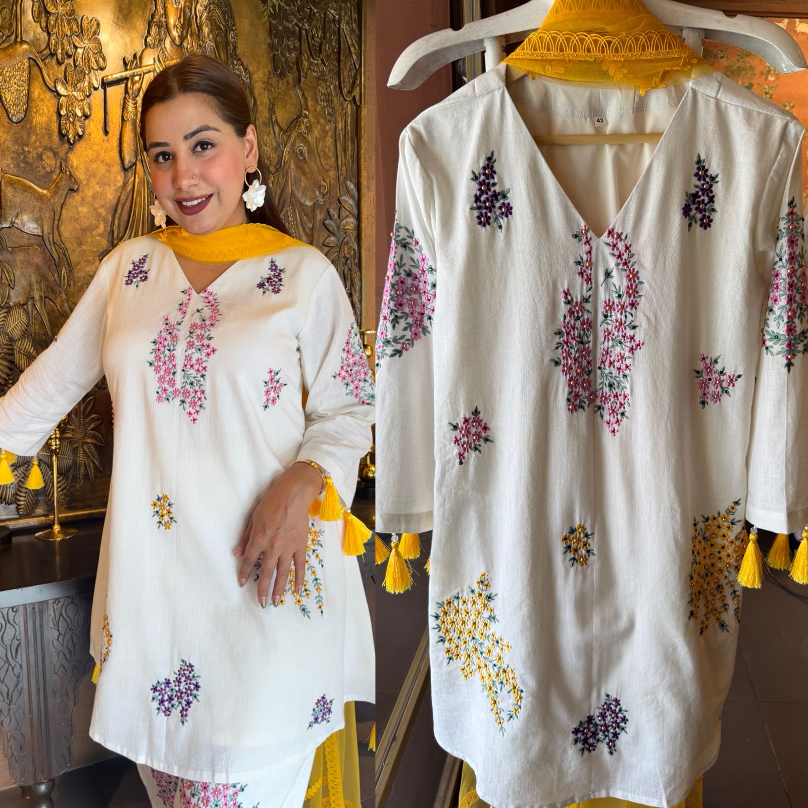 Multi coloured Floral Embroidered White Kurta Set