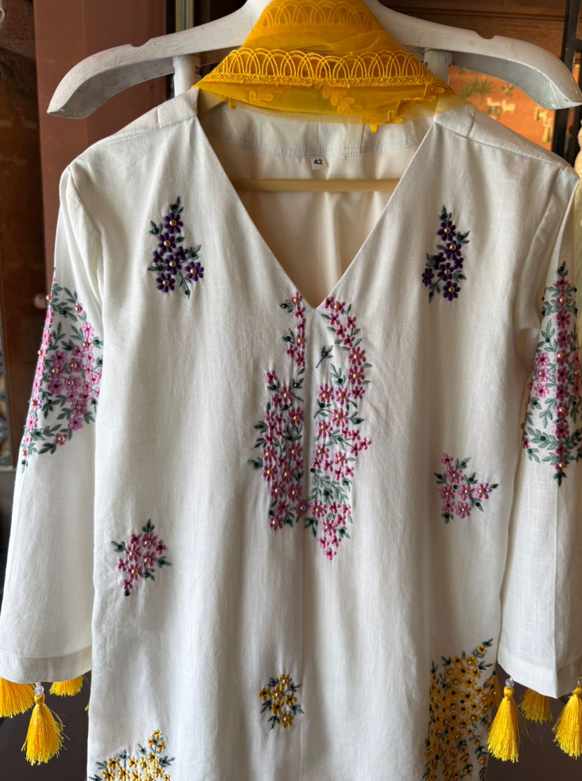 Multi coloured Floral Embroidered White Kurta Set