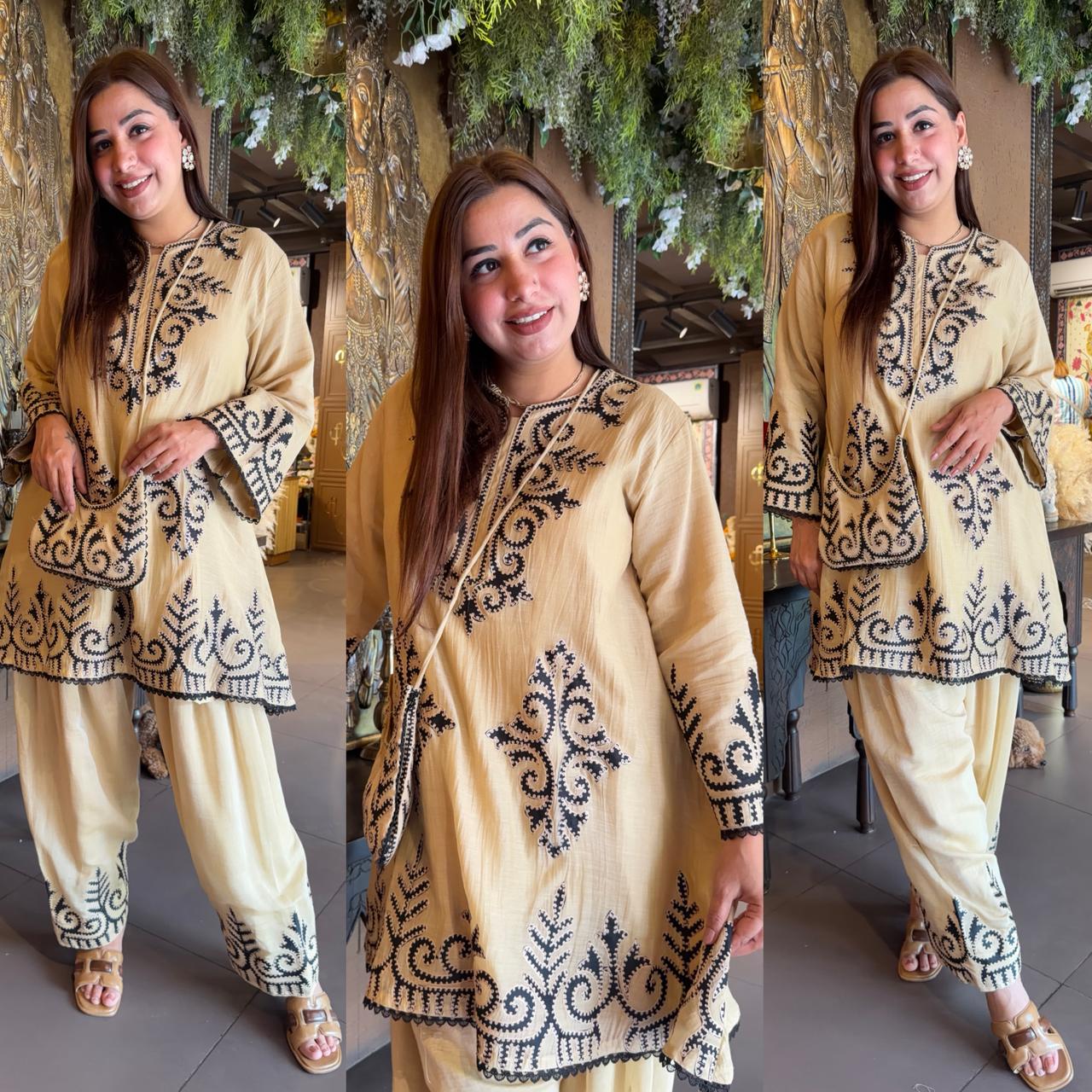 Kashmiri-Inspired Embroidered Kurta Set with Purse