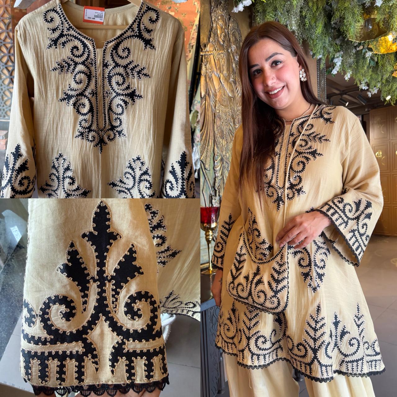 Kashmiri-Inspired Embroidered Kurta Set with Purse