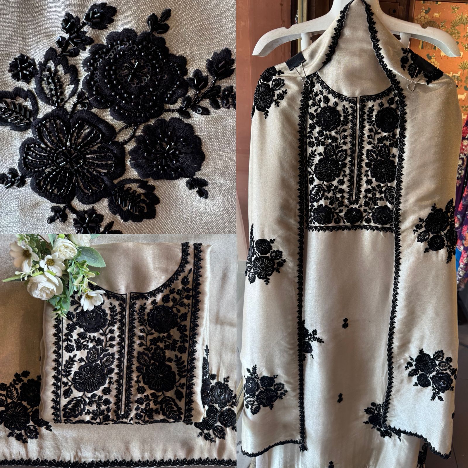 Black & beige bead embellished Embroidered Suit Set