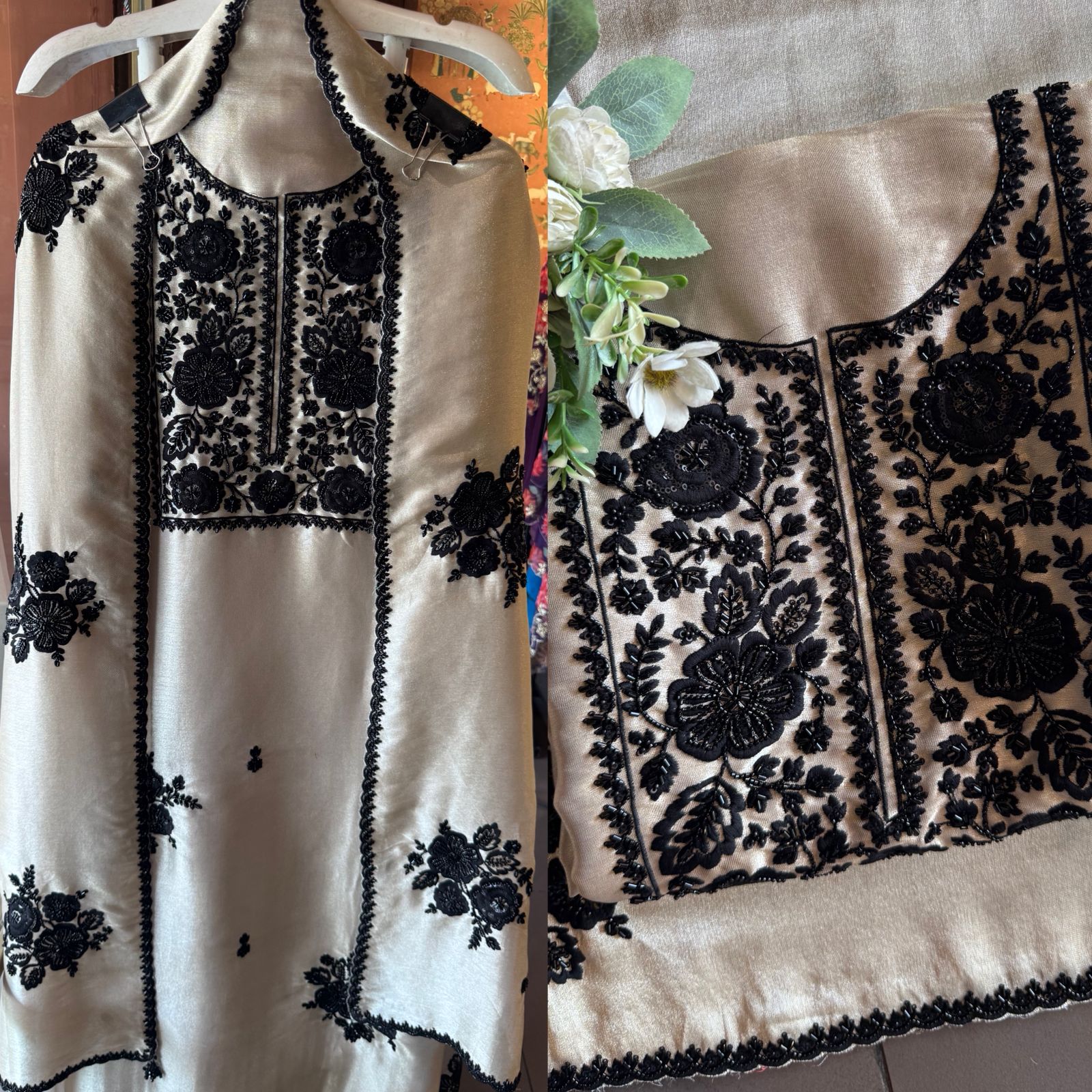 Black & beige bead embellished Embroidered Suit Set