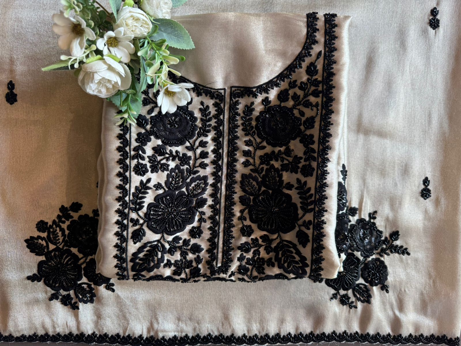 Black & beige bead embellished Embroidered Suit Set