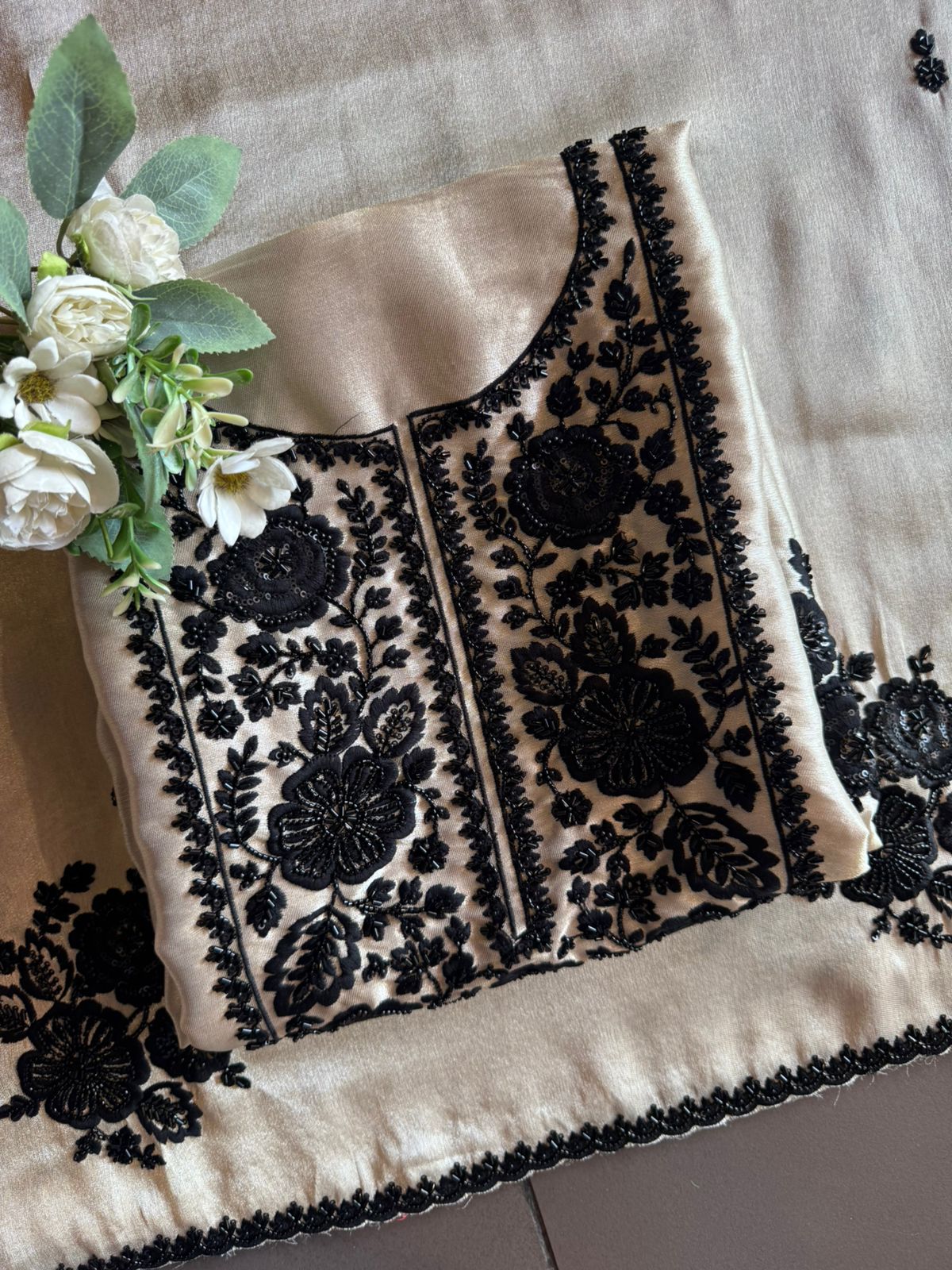 Black & beige bead embellished Embroidered Suit Set