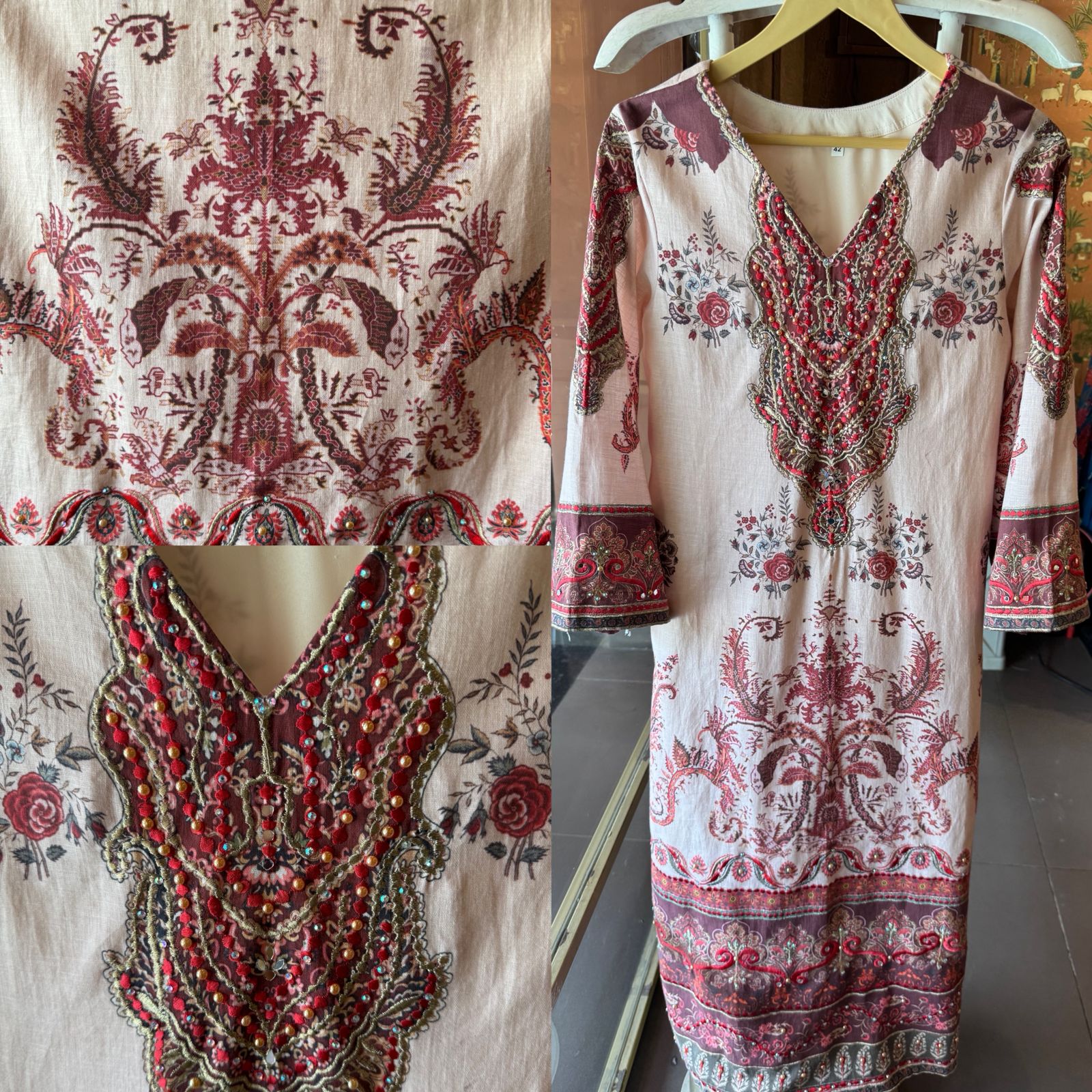 Beige digital Printed Embellished tunic set