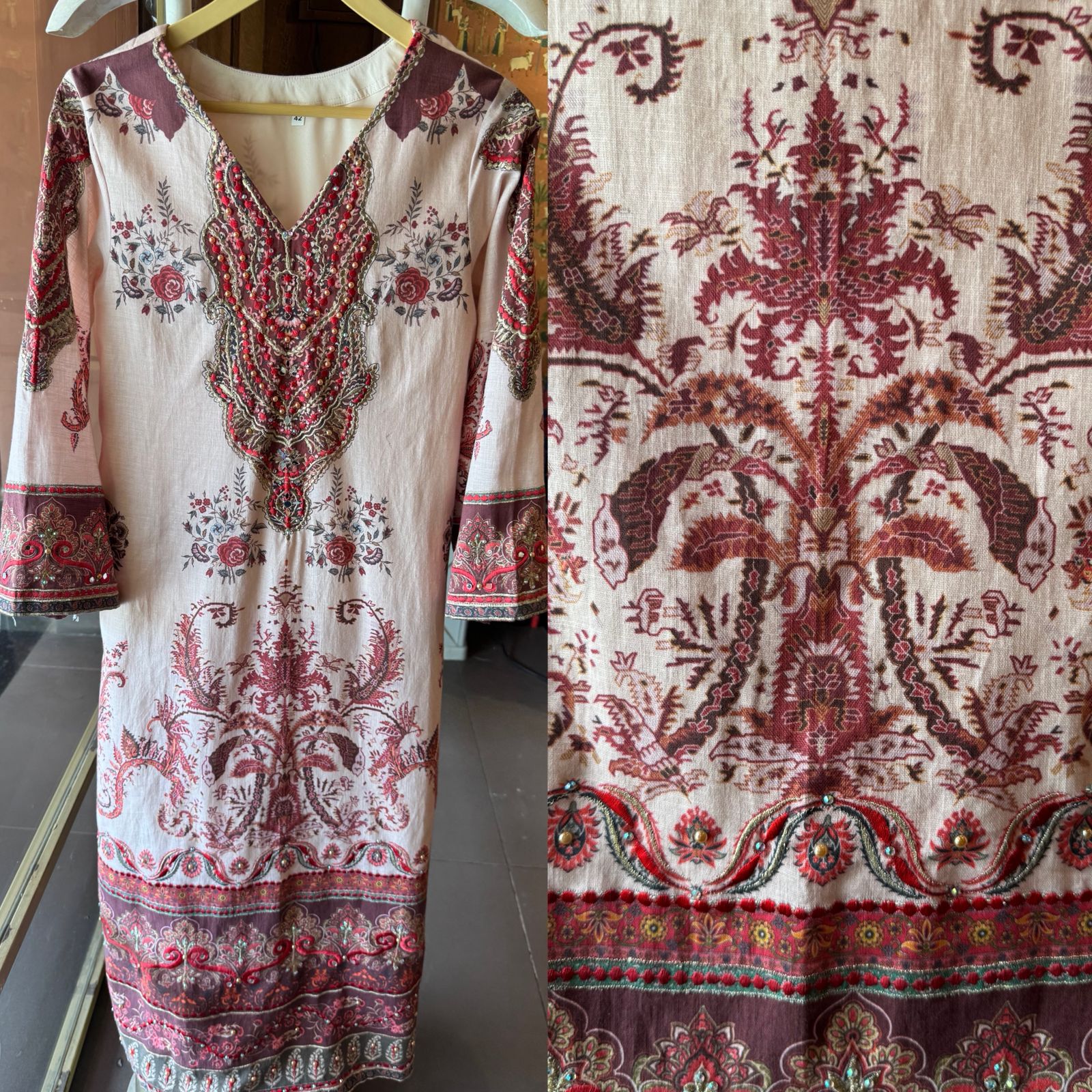 Beige digital Printed Embellished tunic set