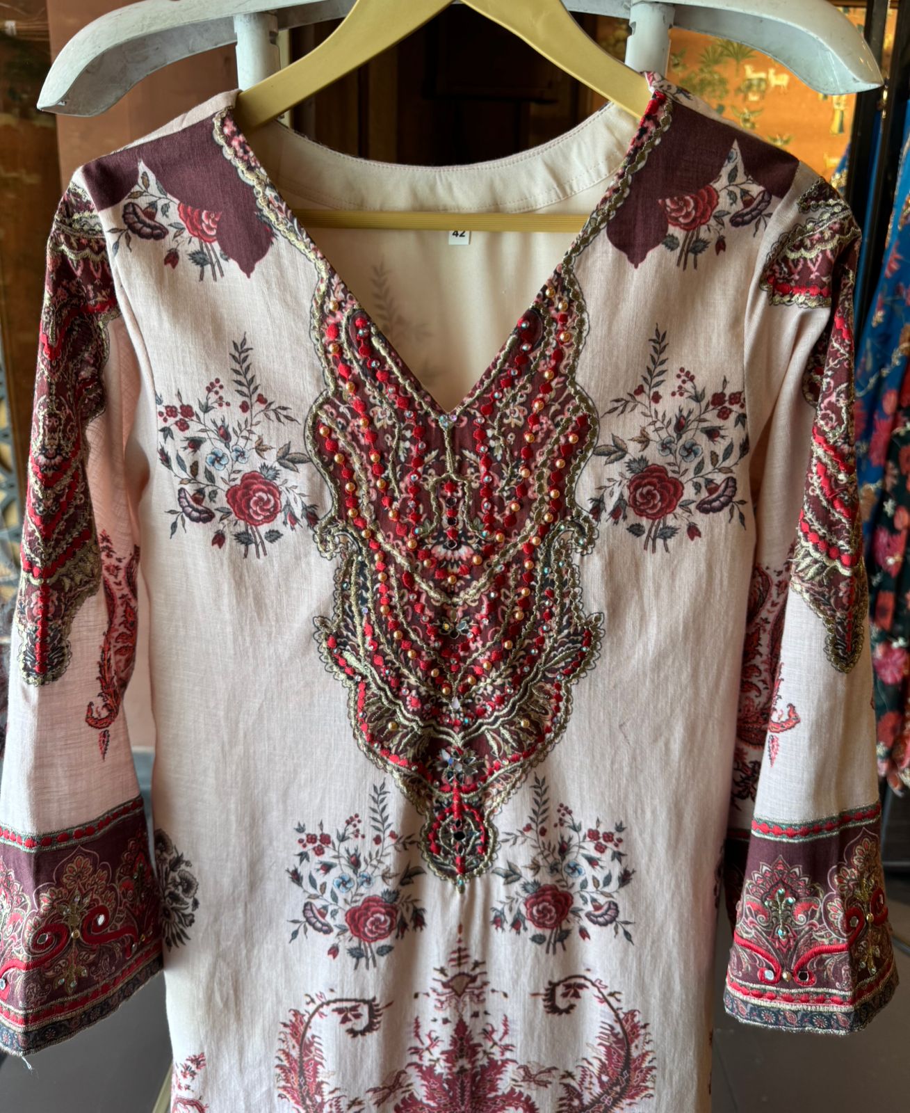 Beige digital Printed Embellished tunic set