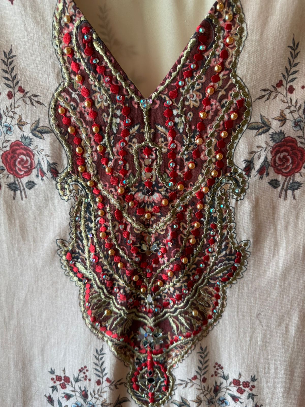 Beige digital Printed Embellished tunic set