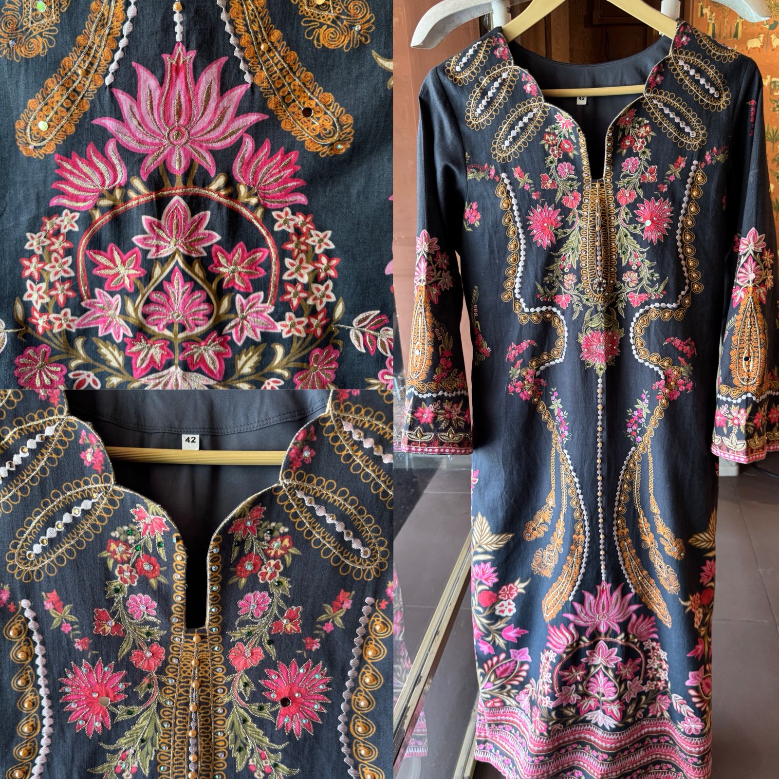 Midnight Black Floral Embroidered tunic set
