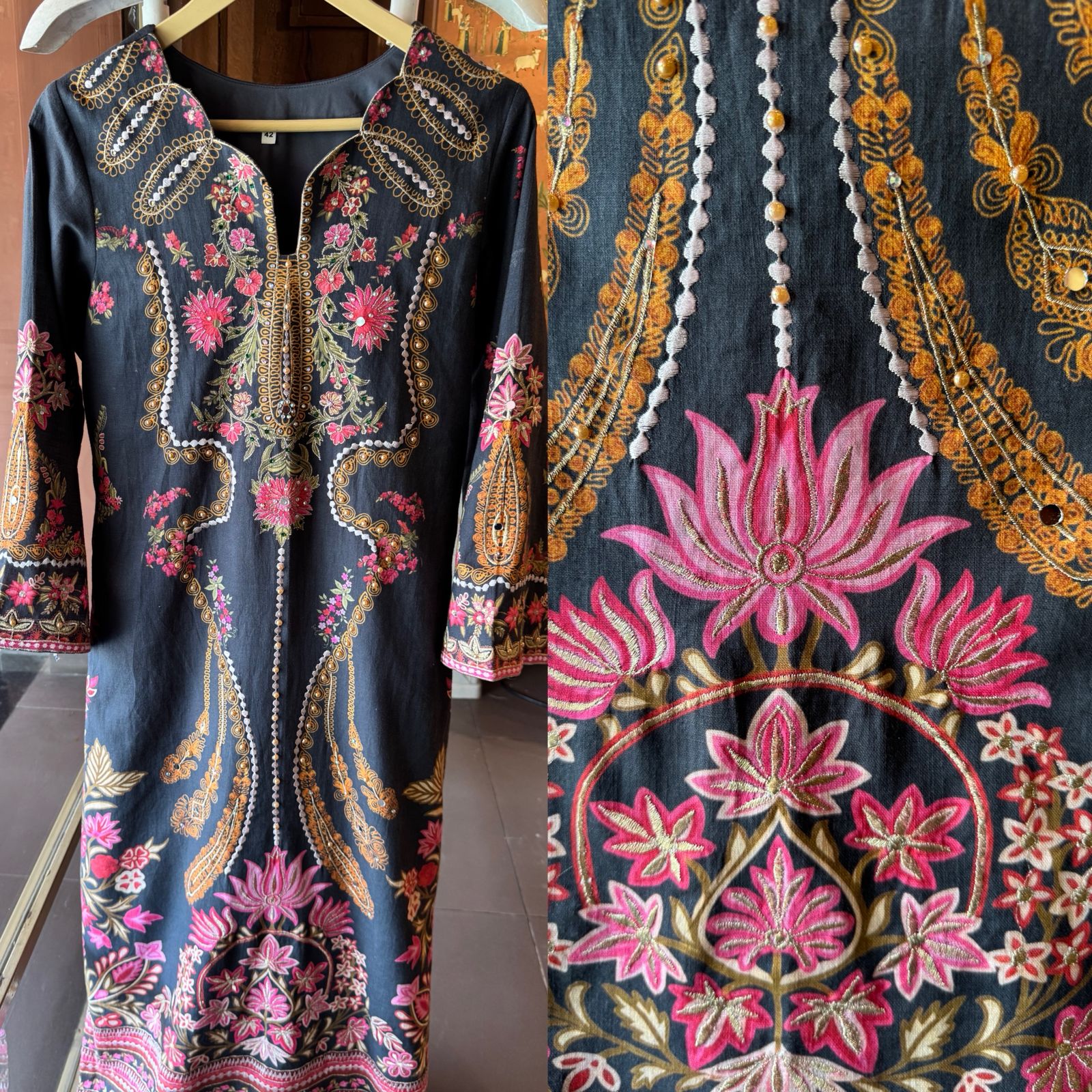 Midnight Black Floral Embroidered tunic set