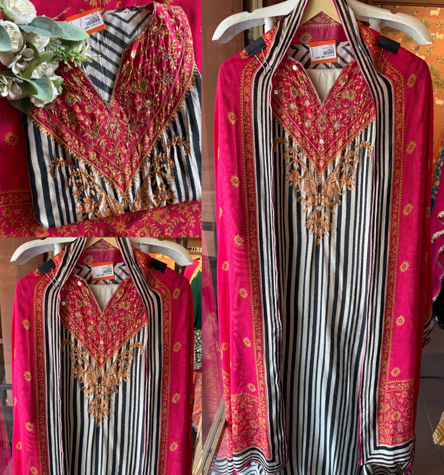 Pure Muslin Striped Embroidered Suit set