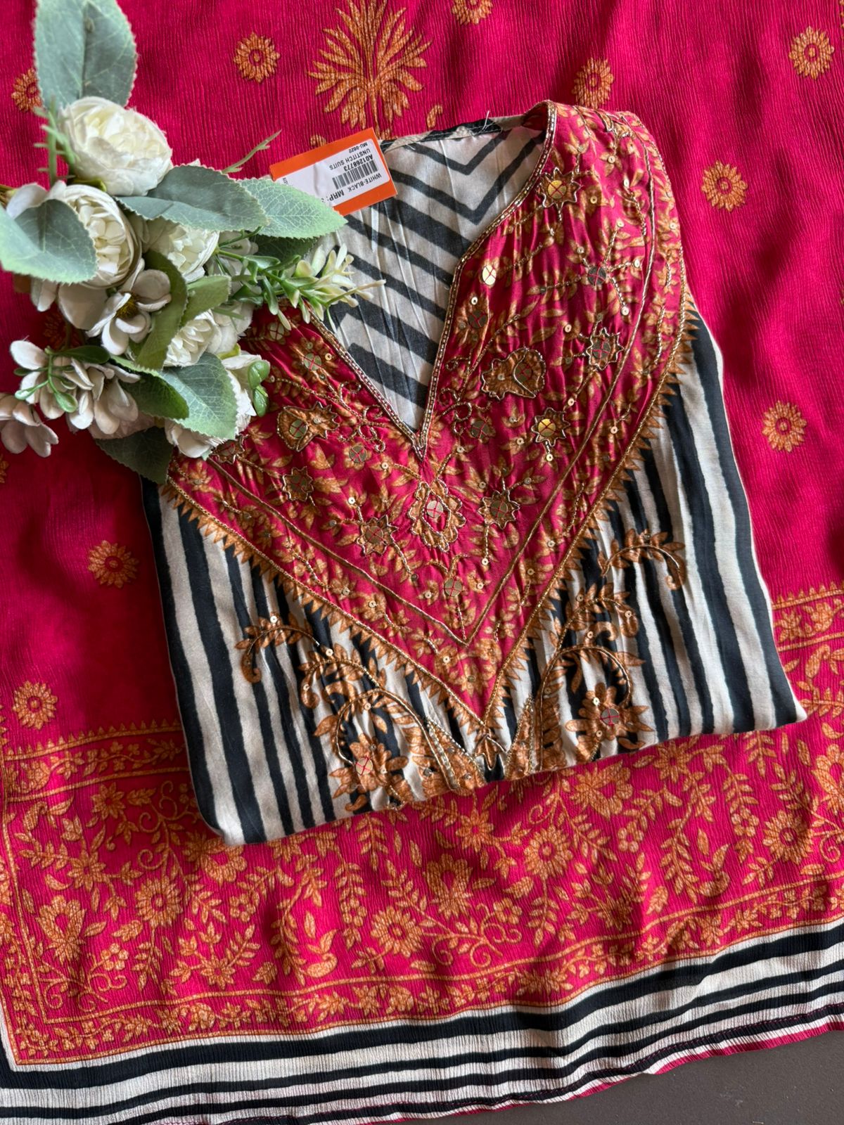 Pure Muslin Striped Embroidered Suit set