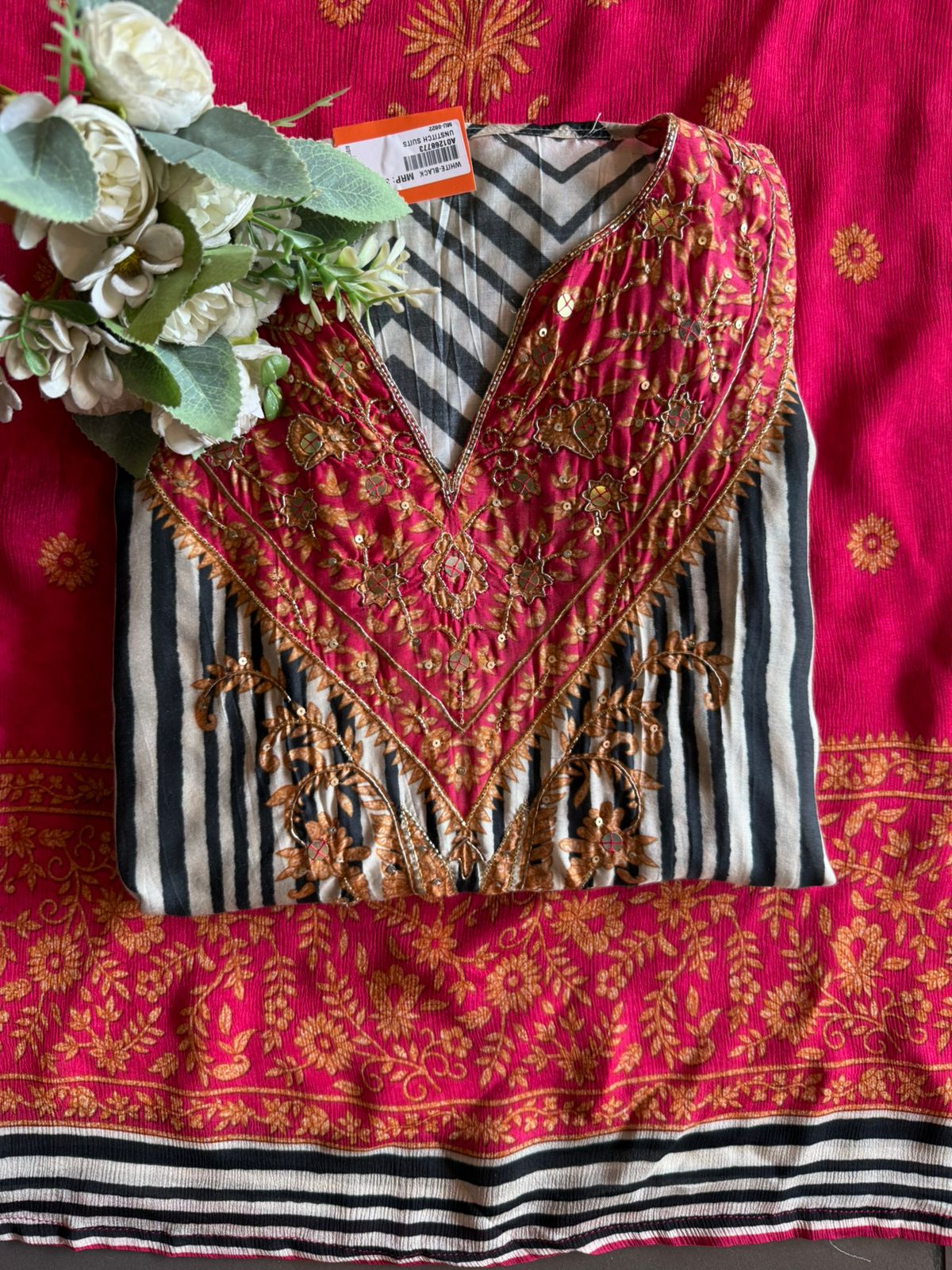 Pure Muslin Striped Embroidered Suit set