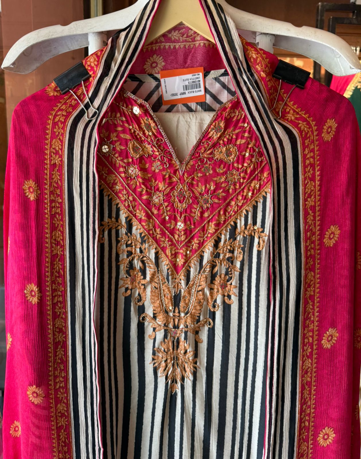 Pure Muslin Striped Embroidered Suit set