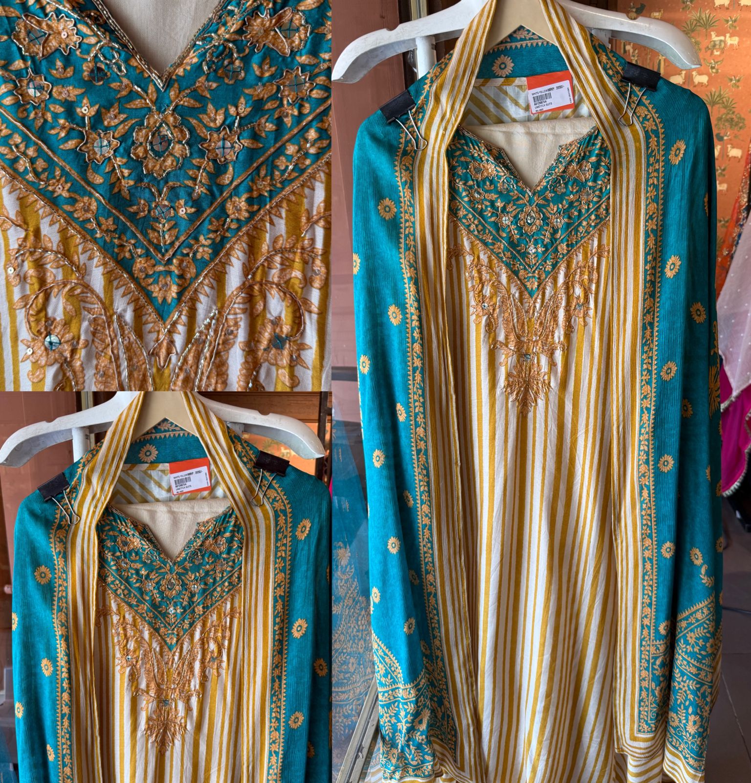 Pure Muslin Striped Embroidered Suit set