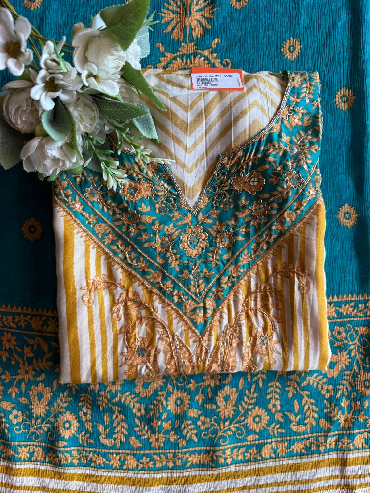 Pure Muslin Striped Embroidered Suit set