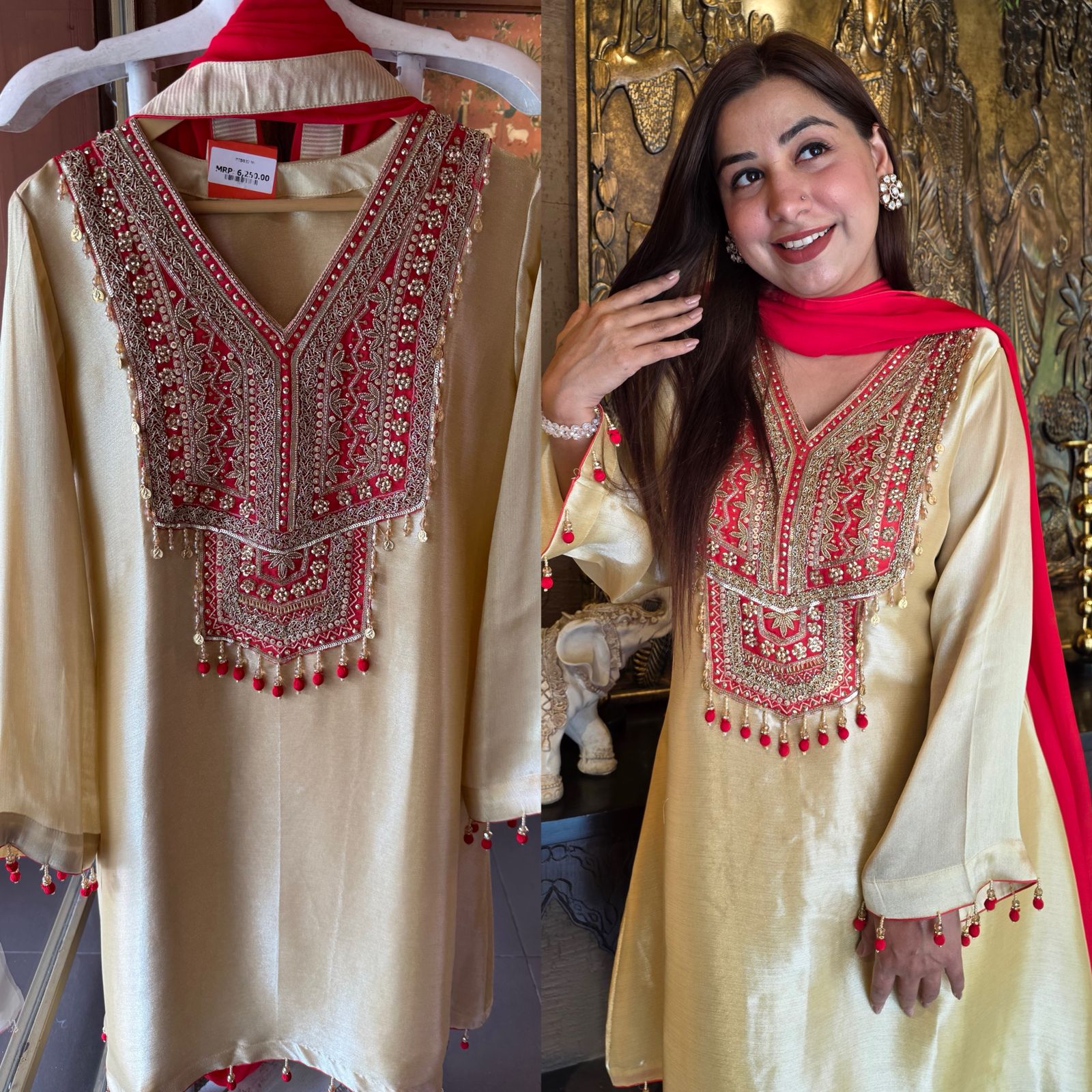 Champagne & Crimson Hand Embroidered Kurta Set