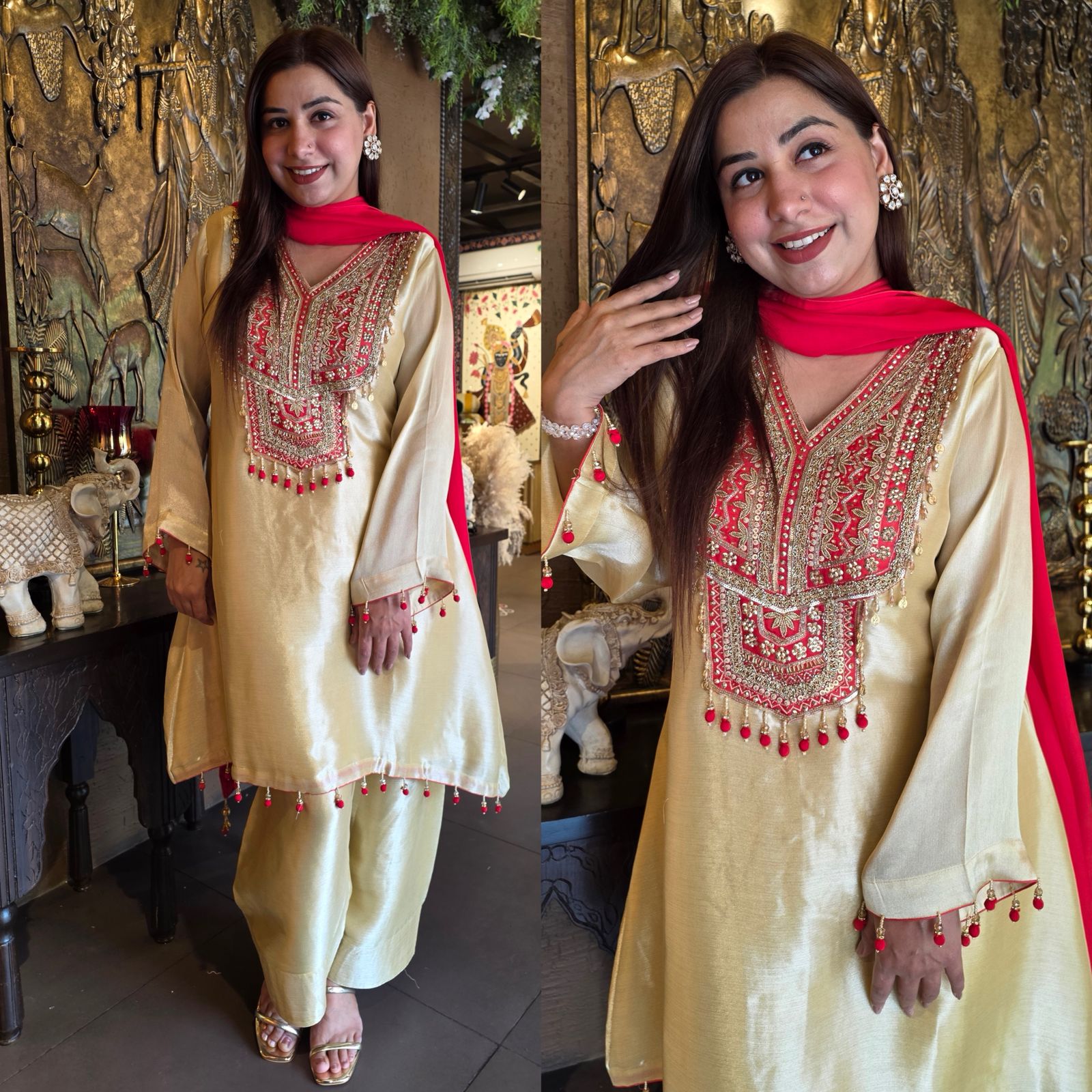 Champagne & Crimson Hand Embroidered Kurta Set